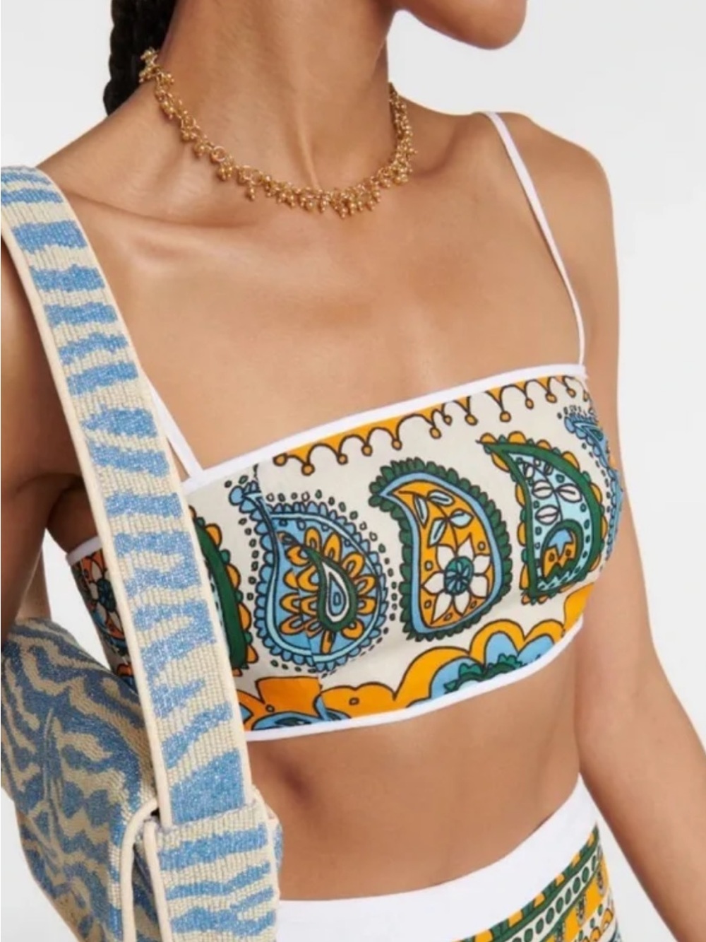 STAUD BOMBER TOP Printed Ibiza Paisley Crop Top in White, Yellow & Teal Size 12